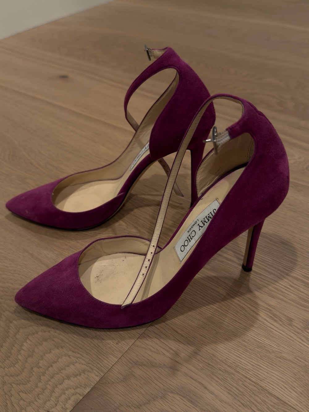 Jimmy Choo Lucy 100 Women's Suede Pointed Toe Ankle Strap Pumps in Plum